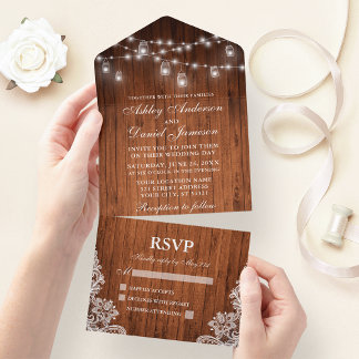 Rustic Wood Jar Lights Lace Wedding All In One Invitation