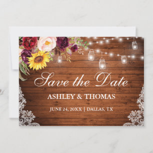 Rustic Wood Jar Lights Mixed Floral Lace Save The Date
