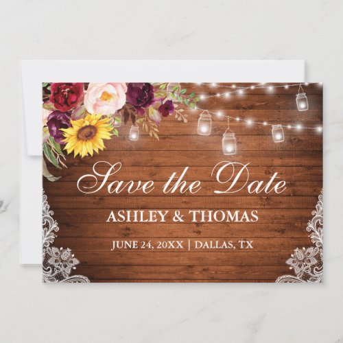 Rustic Wood Jar Lights Mixed Floral Lace Save The Date