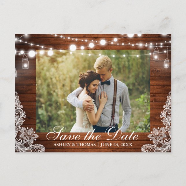 Rustic Wood Jar Lights Save the Date Back Text Announcement Postcard (Front)
