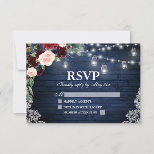 Rustic Wood Jars Blue Burgundy Floral Wedding RSVP Card
