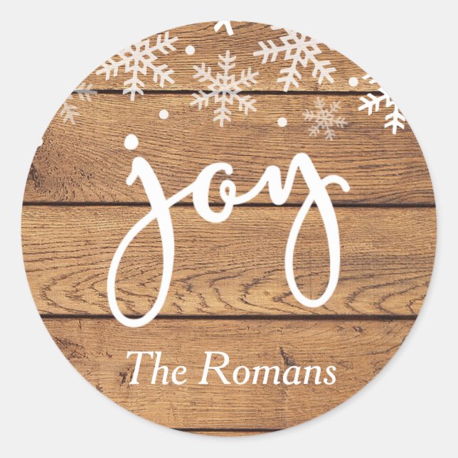 Rustic Wood Joy Holiday Personalized Gift Classic Round Sticker (Front)