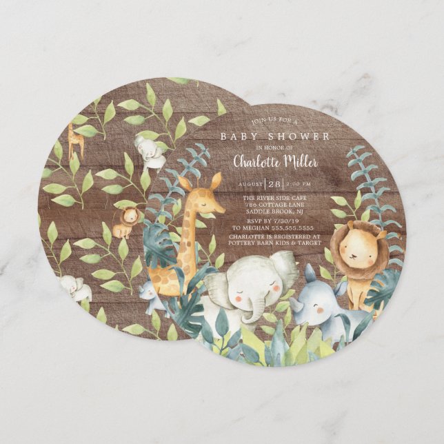 Rustic wood Jungle Animals Baby Shower Invitation (Front/Back)