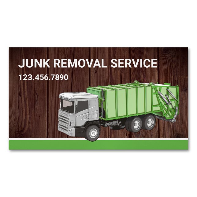 Rustic Wood Junk Removal Service Garbage Truck Business Card Magnet (Front)