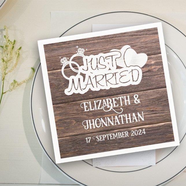 Rustic Wood Just Married Elegant Country Wedding Napkins (Creator Uploaded)