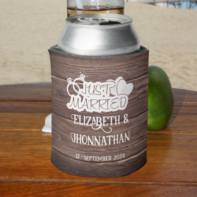 Rustic Wood Just Married Elegant Wedding Favors Can Cooler (Creator Uploaded)