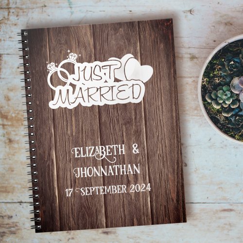 Rustic Wood Just Married  Elegant Wedding Planner  Notebook