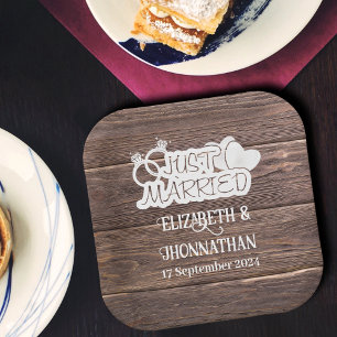 Rustic Wood Just Married White Typography Wedding Paper Plates