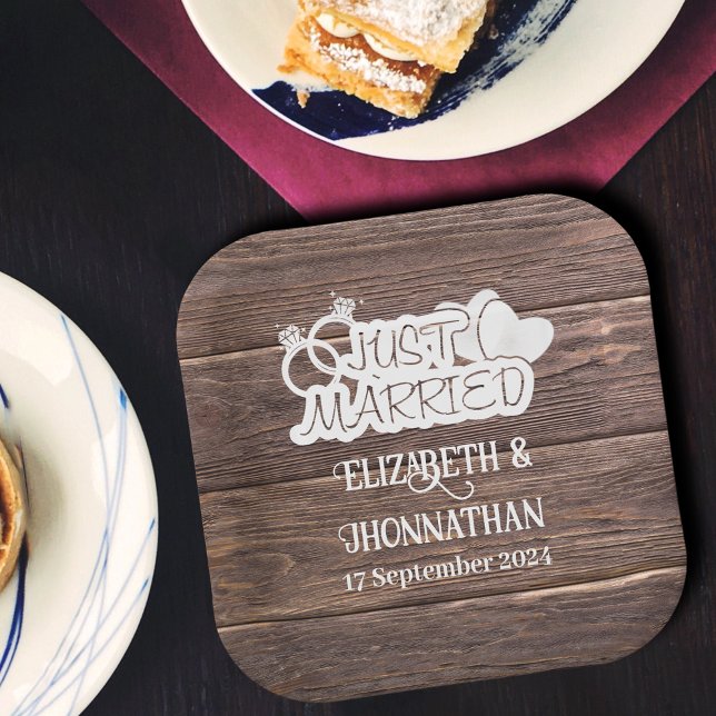 Rustic Wood Just Married White Typography Wedding Paper Plates (Creator Uploaded)