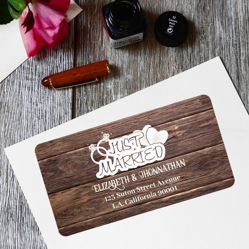 Rustic Wood Just Married White Typography Weddings Label