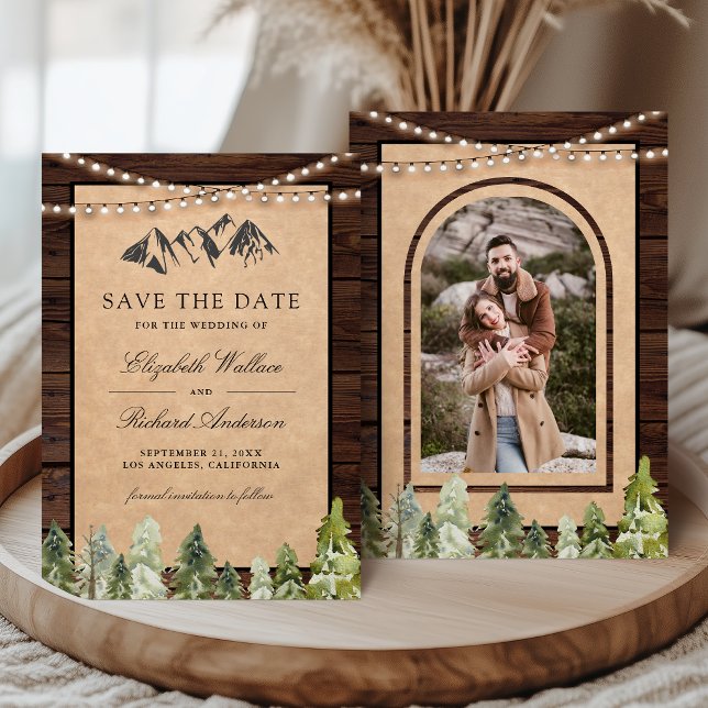 Rustic Wood Kraft Mountain Forest Photo Wedding Save The Date (Creator Uploaded)