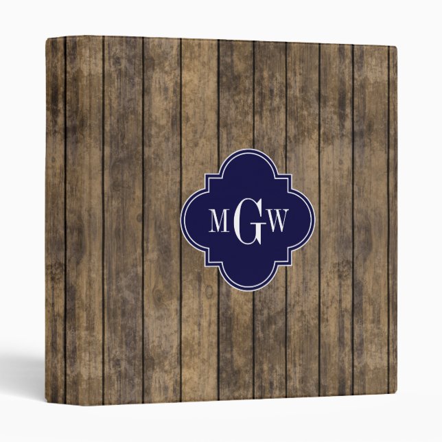 Rustic Wood L Planks #1 Navy Quatrefoil 3 M'gram 3 Ring Binder (Front/Spine)