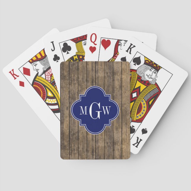 Rustic Wood L Planks #1 Navy Quatrefoil 3 M'gram Poker Cards (Back)