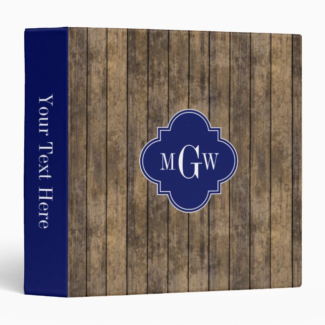 Rustic Wood L Planks #1 Navy Quatrefoil 3 M'gram Ring Binder (Front/Spine)
