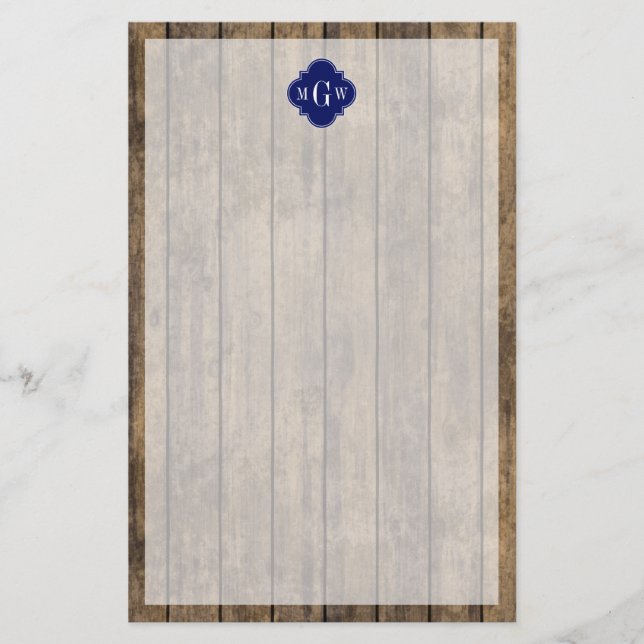 Rustic Wood L Planks #1 Navy Quatrefoil 3 M'gram Stationery (Front)