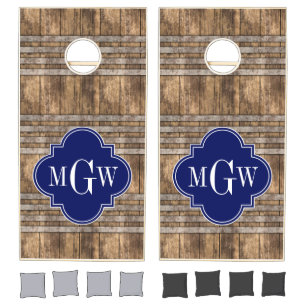 Rustic Wood L Planks #1 Navy Quatrefoil Cornhole Set