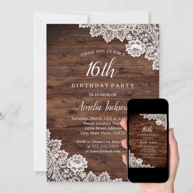 Rustic Wood Lace 16th Birthday Party Invitation | Zazzle