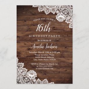 Rustic Wood Lace 16th Birthday Party Invitation