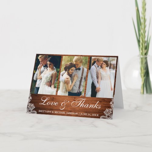 Rustic Wood Lace 3 Photo Love and Thanks Fold Thank You Card