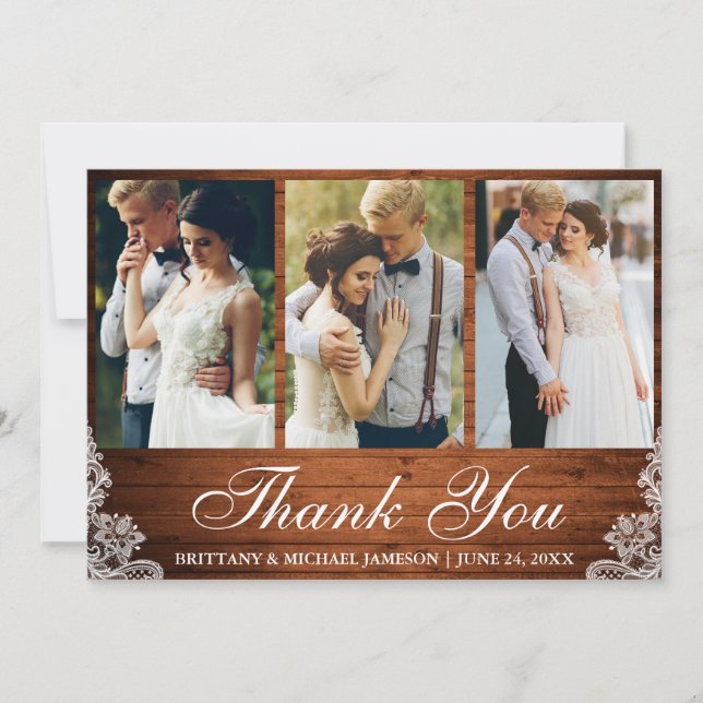 Rustic Wood Lace 3 Photo Wedding Thank You (Front)