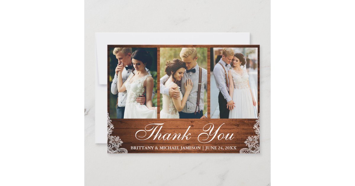 Rustic Wood Lace 3 Photo Wedding Thank You Card | Zazzle
