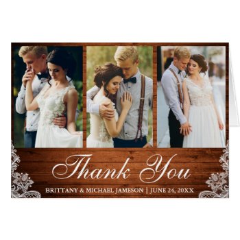 Rustic Wood Lace 3 Photo Wedding Thank You Fold by SugarandSpicePaperCo at Zazzle