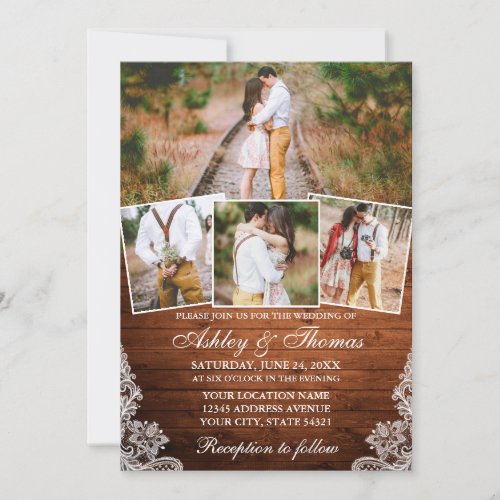 Rustic Wood Lace 4 Photo Wedding Invitation