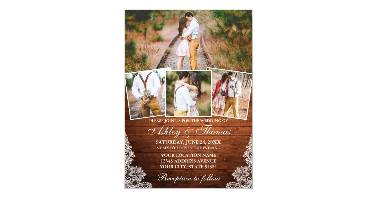 Rustic Wood Lace 4 Photo Wedding Invitation | Zazzle.com