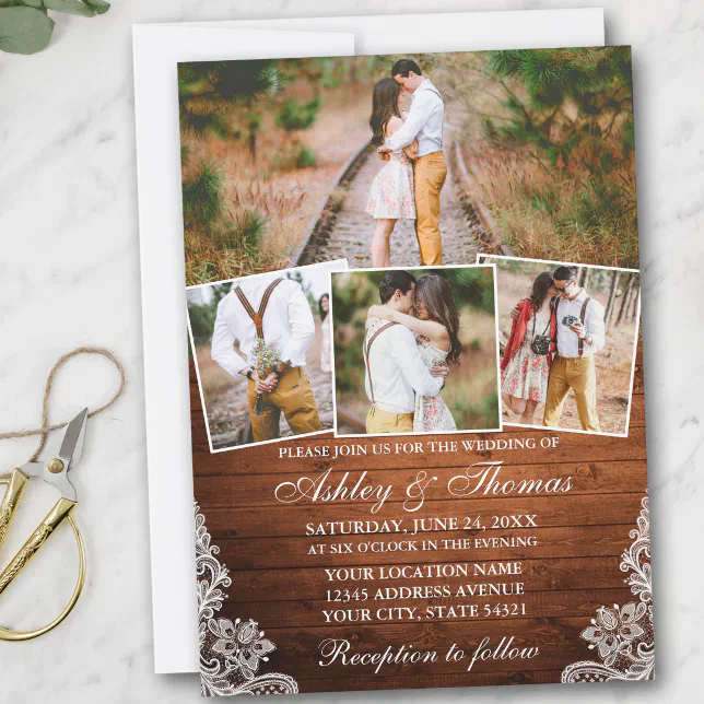 Rustic Wood Lace 4 Photo Wedding Invitation | Zazzle