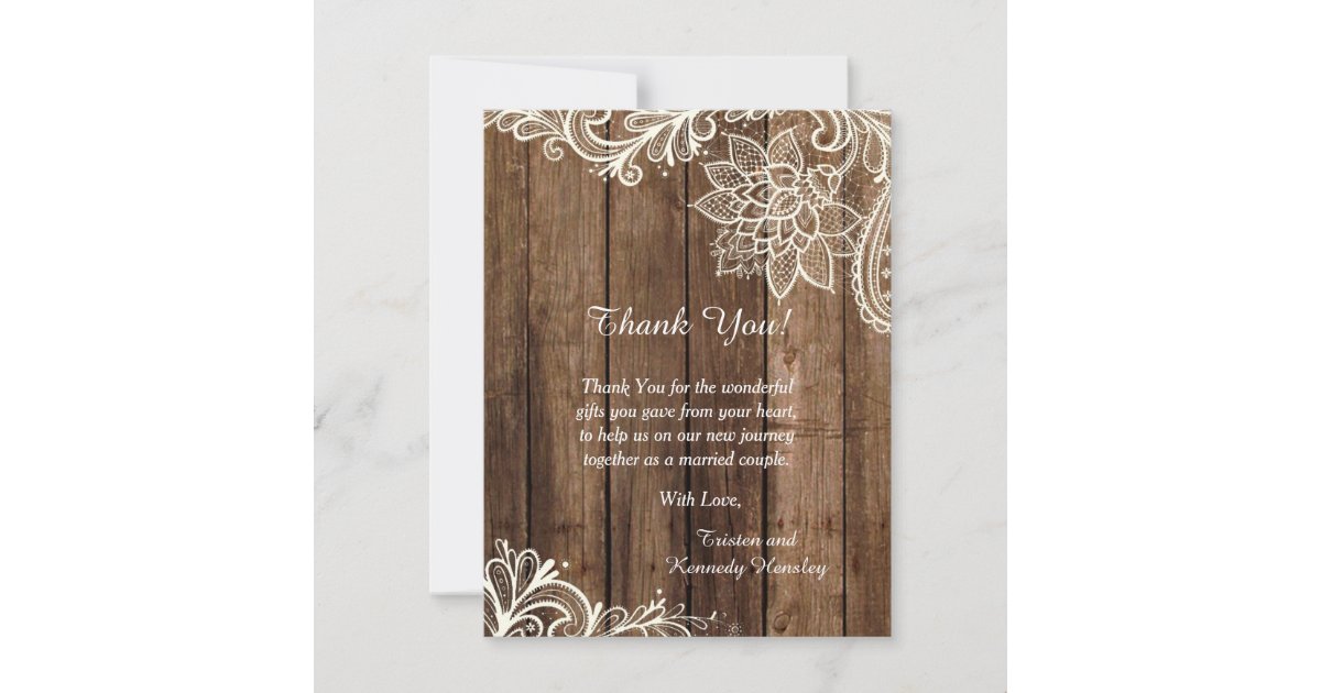 Rustic Wood Lace 4x5 Flat Wedding Thank You Card | Zazzle