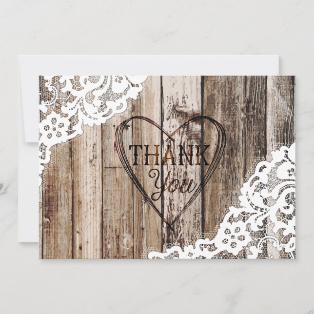 Rustic Wood Lace and Heart Etching Thank You Card (Front)