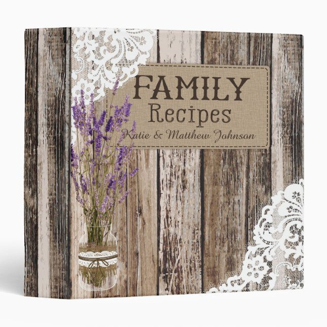 Rustic Wood Lace and Lavender Recipe Book 3 Ring Binder (Front/Spine)
