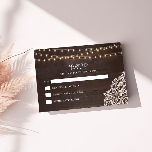 Rustic Wood Lace and String Light RSVP Card