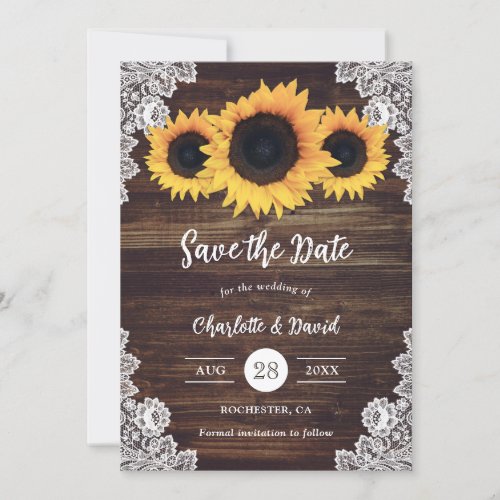 Rustic Wood Lace and Sunflower Save The Date Cards