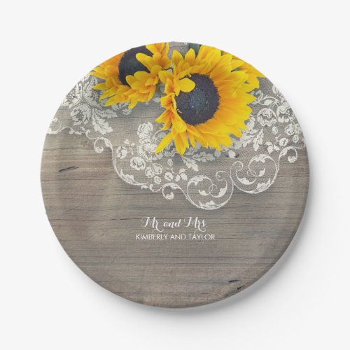 Rustic Wood Lace and Sunflowers Wedding Paper Plates