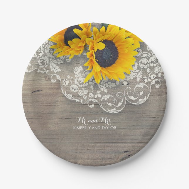 Rustic Wood Lace and Sunflowers Wedding Paper Plates (Front)