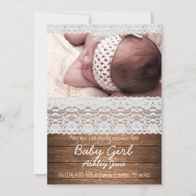 Rustic Wood Lace Baby Girl Birth Announcement