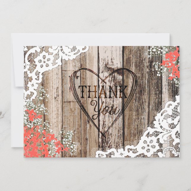 Rustic Wood Lace Baby's Breath Heart Thank You Card (Front)