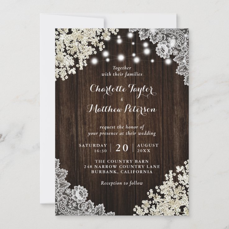 Rustic Wood Lace Baby's Breath Wedding Invitations | Zazzle