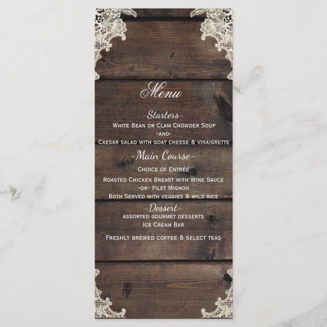 Rustic Wood & Lace Barn Romantic Wedding Menu (Front)