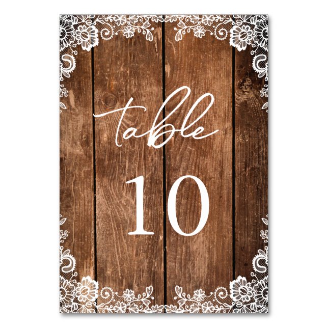 Rustic Wood Lace Barn Wedding Table Number (Front)