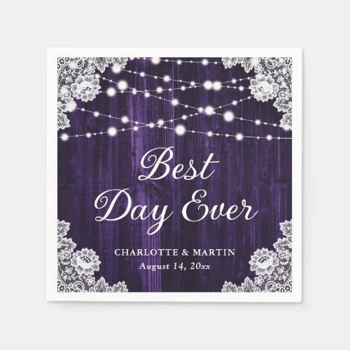 Rustic Wood Lace Best Day Ever Purple Wedding Napkins