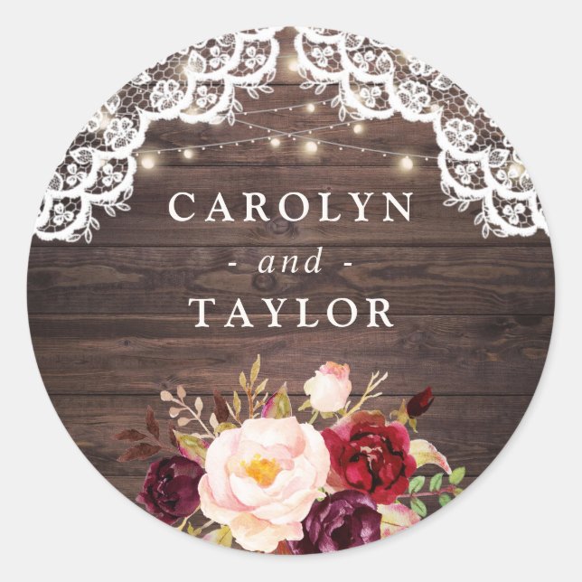 Rustic Wood Lace Blush Burgundy Seal Sticker (Front)