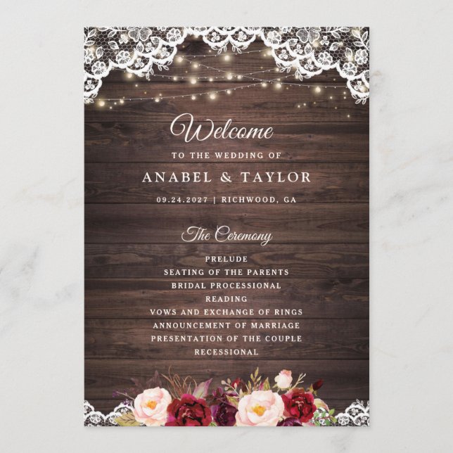 Rustic Wood Lace Blush Burgundy Wedding Program (Front)