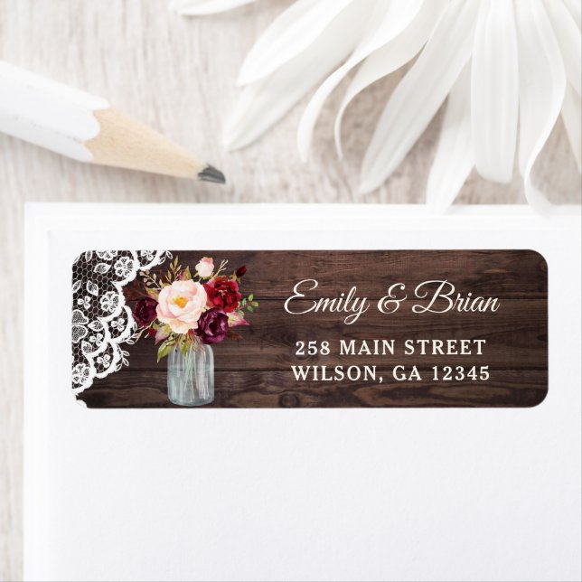 Rustic Wood Lace Blush Mason Jar Address Label (Insitu)