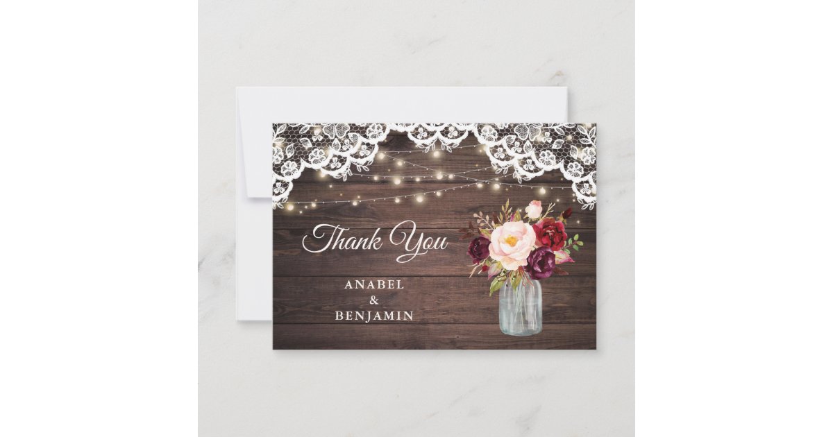 Rustic Wood Lace Blush Mason Jar Wedding Thank You Card | Zazzle