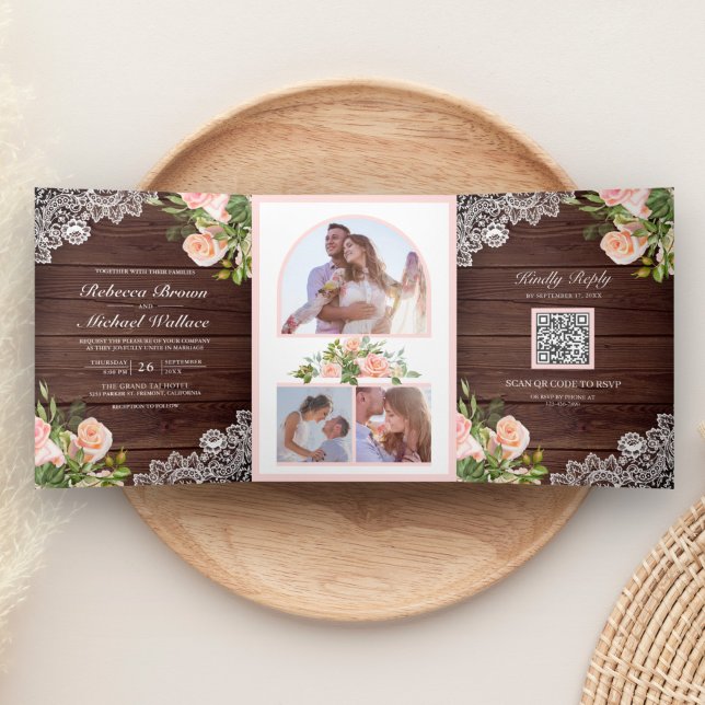 Rustic Wood Lace Blush Pink Floral QR Code Wedding Tri-Fold Invitation (Creator Uploaded)