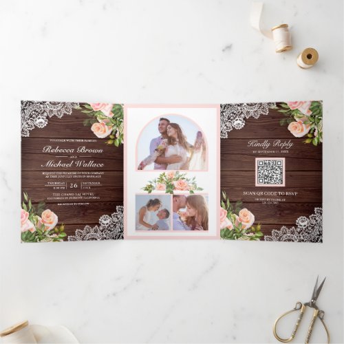 Rustic Wood Lace Blush Pink Floral QR Code Wedding Tri_Fold Invitation