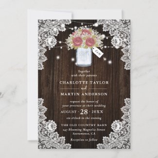 Rustic Wood Lace Blush Rose Baby's Breath Wedding Invitation