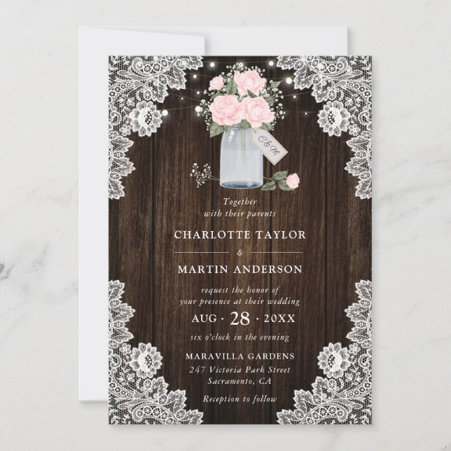 Rustic Wood Lace Blush Rose Baby's Breath Wedding Invitation (Front)